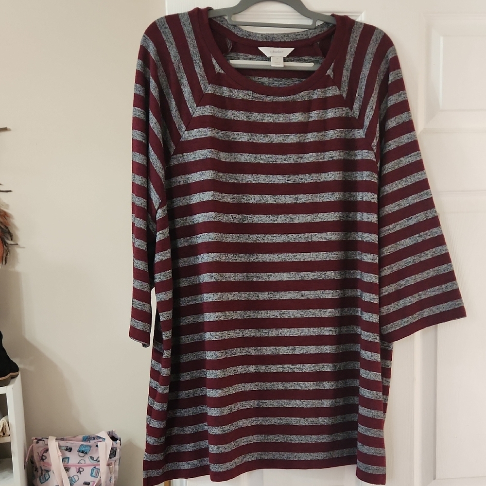 CJ Banks Maroon and Heather Gray Striped Tunic